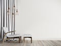 Leather armchair against the empty wall with curtain in navy living room with lamp.