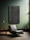 Leather armchair in a modern living room. Large dark painting on a green wall. Light coming from a big window. Generative AI Royalty Free Stock Photo