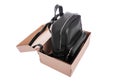 Leather backpack in a cardboard box. Royalty Free Stock Photo