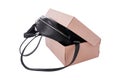 Leather backpack in a cardboard box. Royalty Free Stock Photo