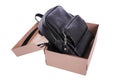 Leather backpack in a cardboard box. Royalty Free Stock Photo