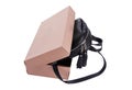 Leather backpack in a cardboard box. Royalty Free Stock Photo