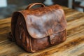 Leather backpack placed on wooden surface Royalty Free Stock Photo