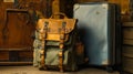 Leather Backpack and Suitcase on Wooden Surface Royalty Free Stock Photo