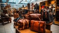 Leather bags in a luxury shop. Generative AI