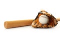 Leather baseball ball, bat and glove on background Royalty Free Stock Photo