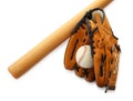 Leather baseball ball, bat and glove on background, top view Royalty Free Stock Photo