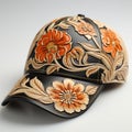 Leather Baseball Cap isolated. Realistic leather baseball cap with an intricately detailed orange boho flowers