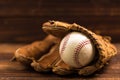 Leather baseball glove and ball on a wooden bench Royalty Free Stock Photo