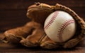 Leather baseball glove and ball on a wooden bench Royalty Free Stock Photo