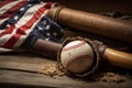 Leather baseballs, bat and glove with United States flag in the background. US favorite family sport