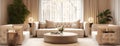 Leather beige sofa and armchairs against of window. Luxury interior design of modern living room. Created with generative AI Royalty Free Stock Photo