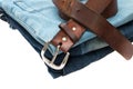 Leather belt on blue jeans. Royalty Free Stock Photo