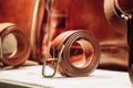 Leather belt in a shop window in Bologna Royalty Free Stock Photo