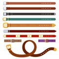 Leather belts. Female and male belt with metal or golden buckles. Fashion clothing accessories for trousers. Brown strap