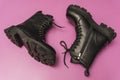 Leather Black Women`s Rough Grinder Boots with Thick Soles, Laced High Fashion Boots Royalty Free Stock Photo