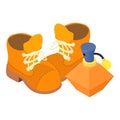 Leather boot icon isometric vector. Brown lace up boot and perfume bottle icon