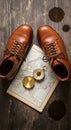 Leather boots vintage map and brass compass on a rustic wooden surface for adventure planning theme Royalty Free Stock Photo