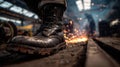 Leather Boots Walking in Railway Workshop with Sparks and Tracks Royalty Free Stock Photo