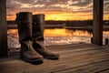 leather boots on a wooden deck, overlooking a sunset on a lake