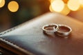 A leather-bound book serves as the base for wedding bands in a snug setting, embodying the pledge of love and commitment Royalty Free Stock Photo