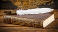 A leather-bound book of vintage style, paired with a quill, on a background featuring documents Royalty Free Stock Photo