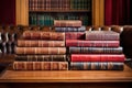 leather-bound books piled on a mahogany table