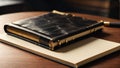 A leather-bound diary lying on the table.