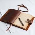 Leather bound journal with handwritten notes placed on white paper Royalty Free Stock Photo