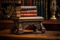 a leather-bound victorian book on an antique carved wooden bookstand Royalty Free Stock Photo