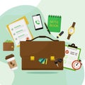 Leather briefcase and business items, management or finance workflow. vector illustration in flat style Royalty Free Stock Photo