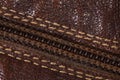 Leather brown closed zipper and brown natural leather material Royalty Free Stock Photo
