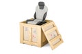 Leather bucket seat auto inside wooden box, delivery concept. 3D rendering