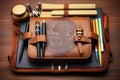 Leather case with items for drawing. Generate Ai