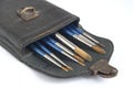 Leather case and paint brushes Royalty Free Stock Photo