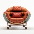 A leather chair with an orange cushion and red pillows, AI