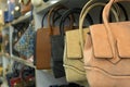 Leather and chamois bags on shelf, handbag shop Royalty Free Stock Photo