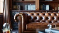 A leather chesterfield sofa is nestled in the corner of the room its smooth and shiny surface a striking contrast to the