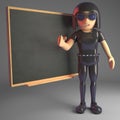 Leather clad gothic girl teaching at the blackboard, 3d illustration