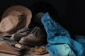 Leather cowboy hat, jeans, male shoes, watch, knife, e-book, real man`s thing concept, masculinity, modern lifestyle Royalty Free Stock Photo