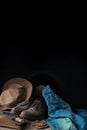 Leather cowboy hat, jeans, men`s shoes, watch, knife, e-book, real man`s thing concept, masculinity, modern lifestyle,, copy spa Royalty Free Stock Photo