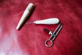 Leather craft and Leather working tools , Edge Slicker , Awl and Circus Measuring Royalty Free Stock Photo