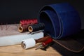 Leather crafting tools. Set of leather craftman tools with colorful threads Royalty Free Stock Photo