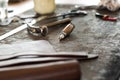Leather crafting tools Royalty Free Stock Photo