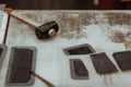 Leather craftmans work desk . Pieces of leather and working tools on a work table. Leather craft. Royalty Free Stock Photo