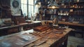 Leather craftsman workshop with vintage tools and skins