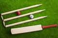 Leather Cricket ball resting on a cricket bat placed on green grass cricket ground pitch