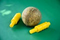 Leather cricket ball and wickets Royalty Free Stock Photo