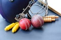 Leather cricket ball, wickets, helmet and wooden bat Royalty Free Stock Photo