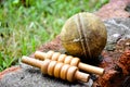 Leather cricket ball, wickets Royalty Free Stock Photo